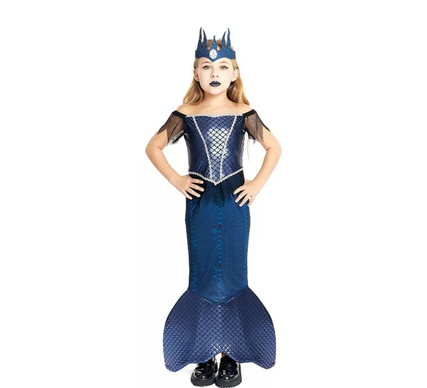 Translation missing: de.Disfraz de Sirena Malvada azul con corona para niña y adolescente