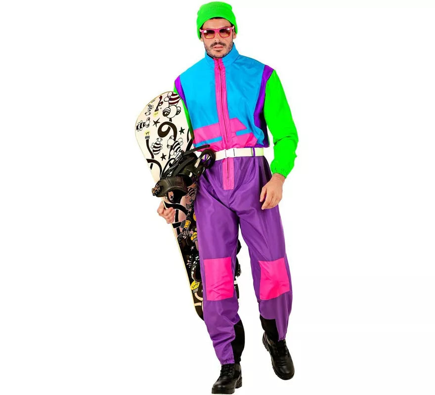 Translation missing: de.Disfraz de Snowboarder lila y verde fluorescente para adulto