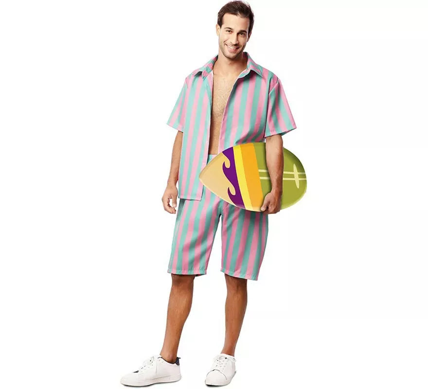 Translation missing: de.Disfraz de Surfista rosa y azul a rayas para hombre