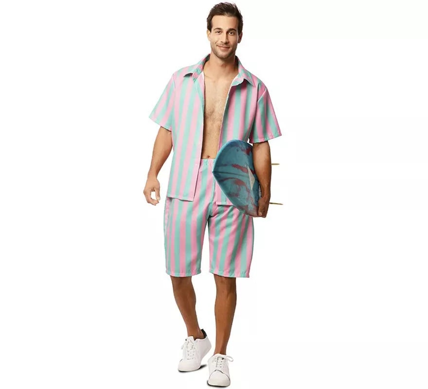 Translation missing: de.Disfraz de Surfista rosa y azul a rayas para hombre