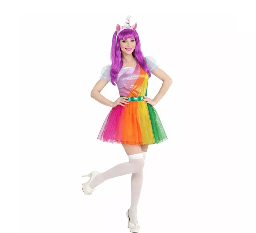 Translation missing: de.Disfraz de Unicornio multicolor con diadema para mujer
