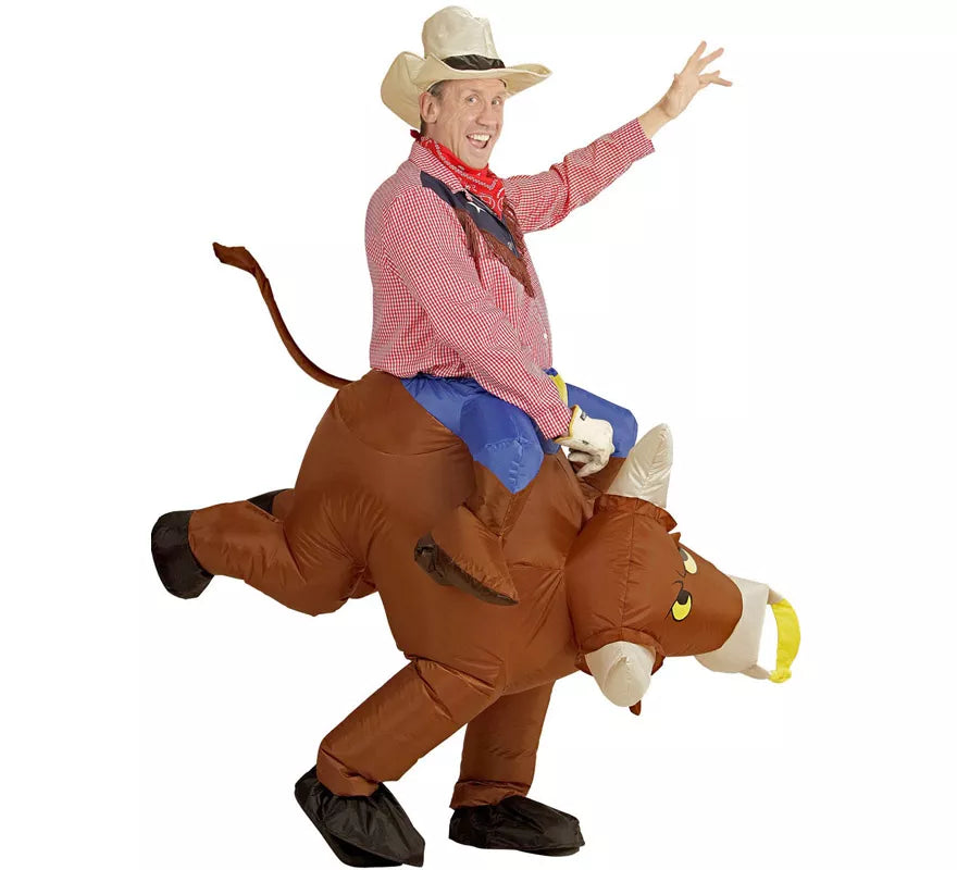 Translation missing: de.Disfraz Hinchable de Vaquero montando Toro Salvaje para adulto