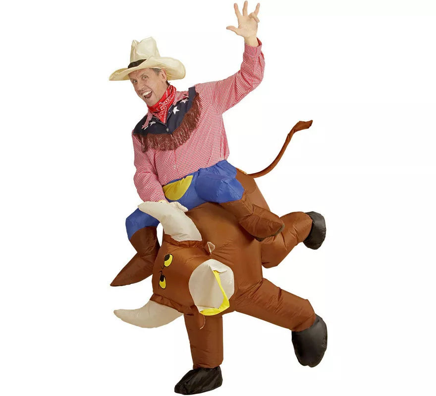 Translation missing: de.Disfraz Hinchable de Vaquero montando Toro Salvaje para adulto