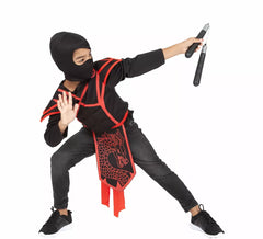 Ninja-Kostüm oder -Set für Kinder: Oberteil, Gürtel, Kapuze und Nunchakus