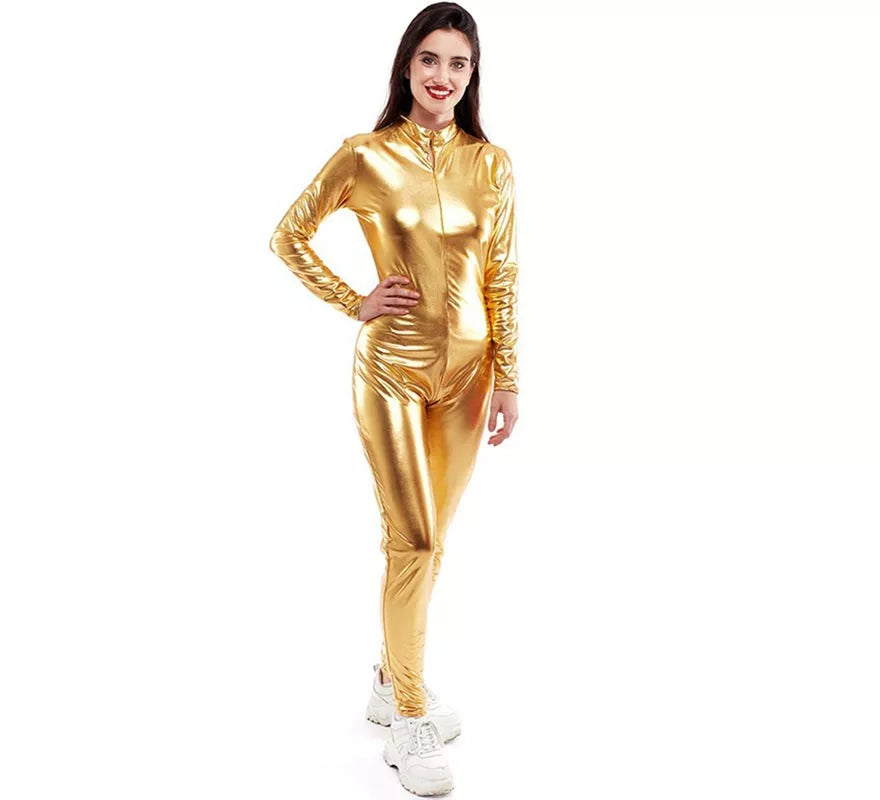 Translation missing: de.Disfraz o Mono metálico cierre frontal dorado para mujer