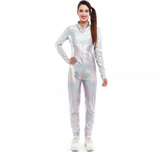 Holografisches Metallkostüm oder Overall mit Frontverschluss für Damen