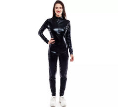 Schwarzes, metallisches Kostüm oder Overall mit Frontverschluss für Damen