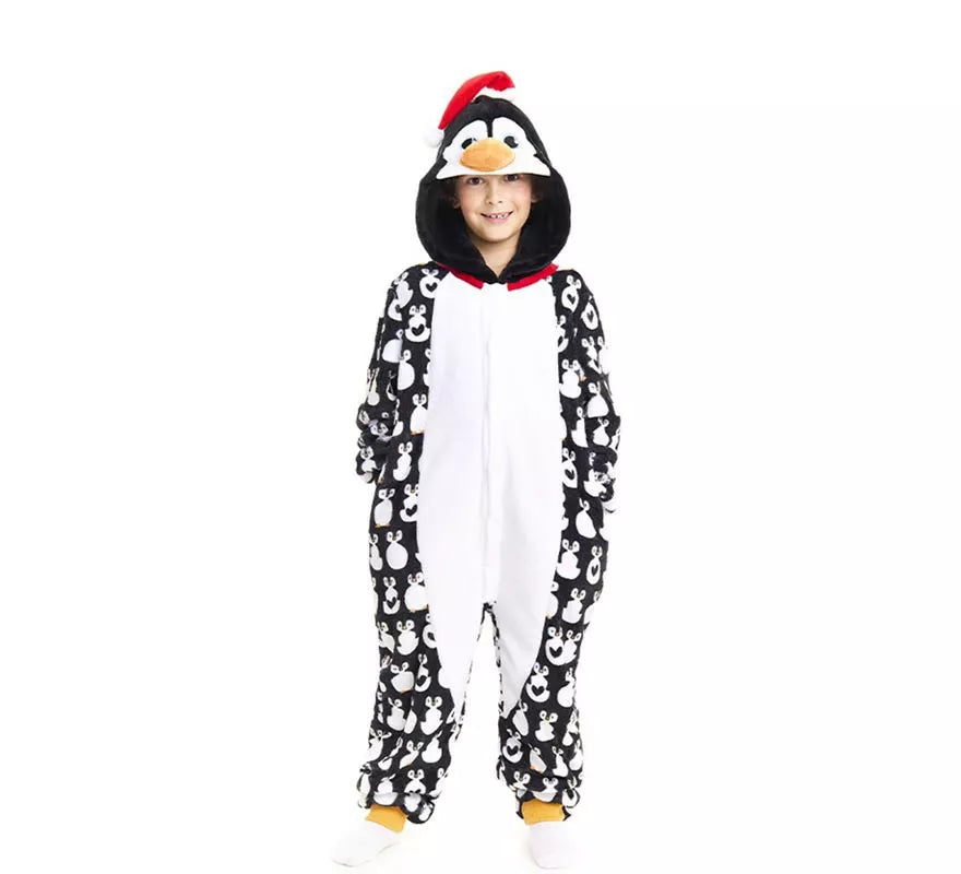 Disfraz o Pijama Pingüino Navideño estampado con capucha para niños
