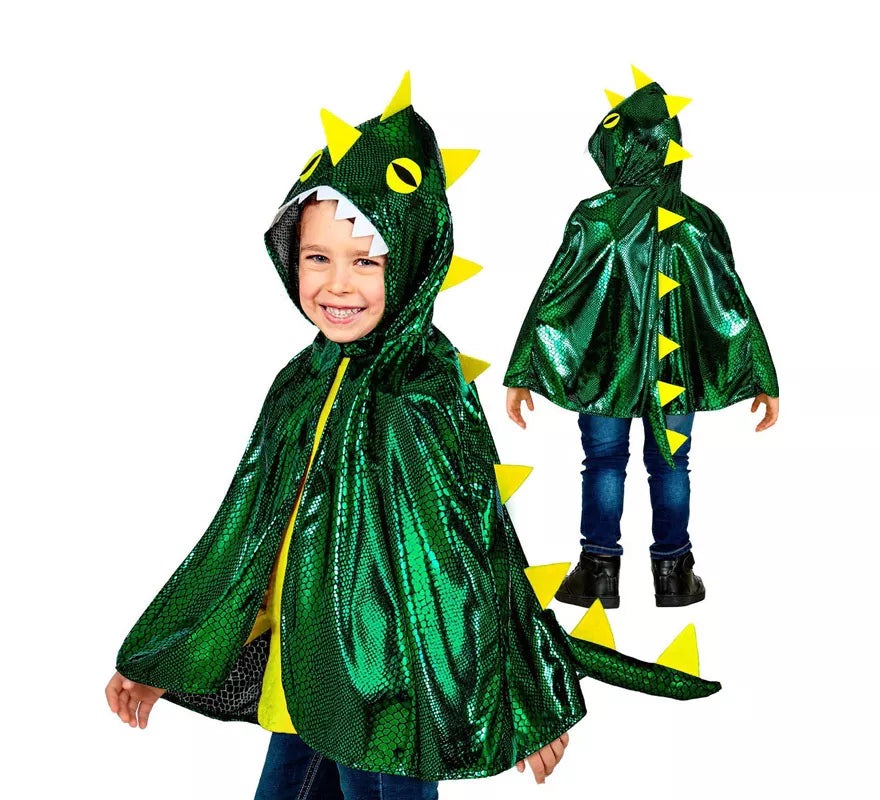 Disfraz o Poncho de Dragón Verde Brillante con Capucha para niños