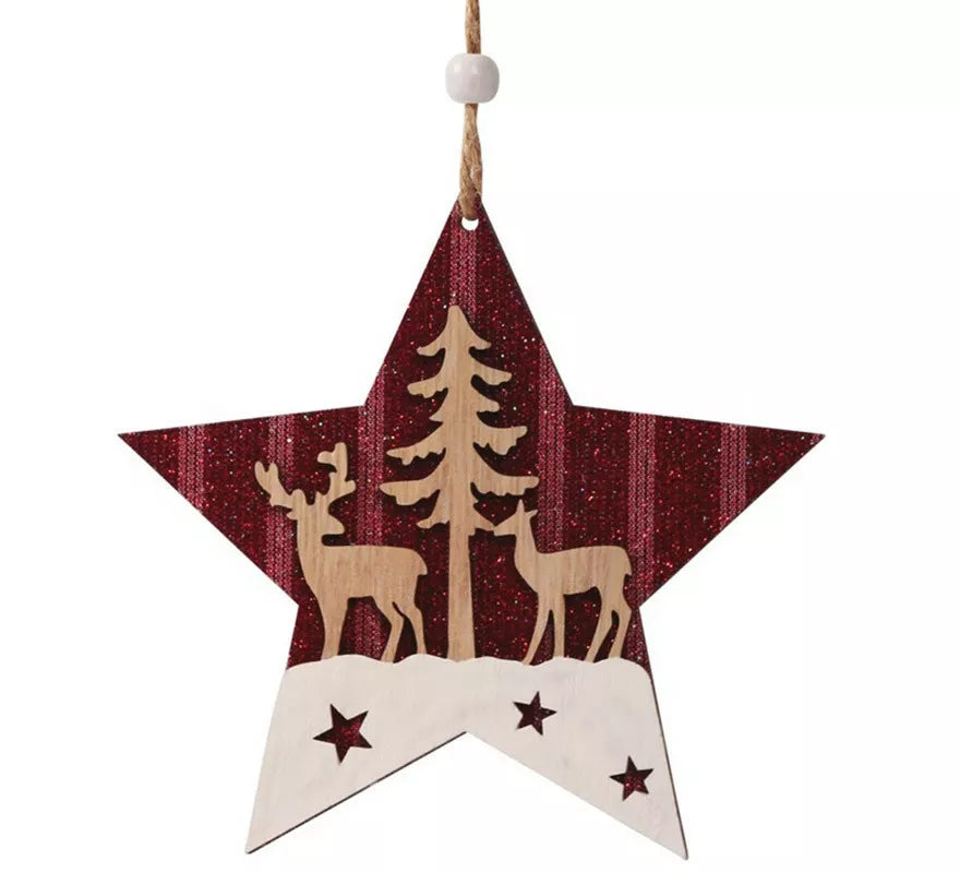 Estrella Roja de Madera Colgante de 14 cms