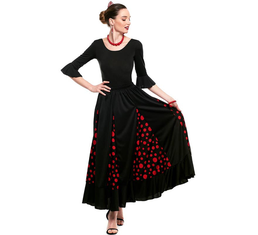 Falda Sevillana de Quillas negro con Lunar rojo para mujer