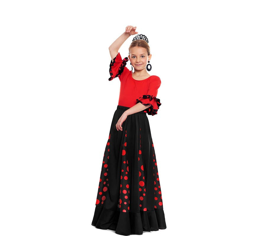 Falda Sevillana de Quillas negro con Lunar rojo para niña