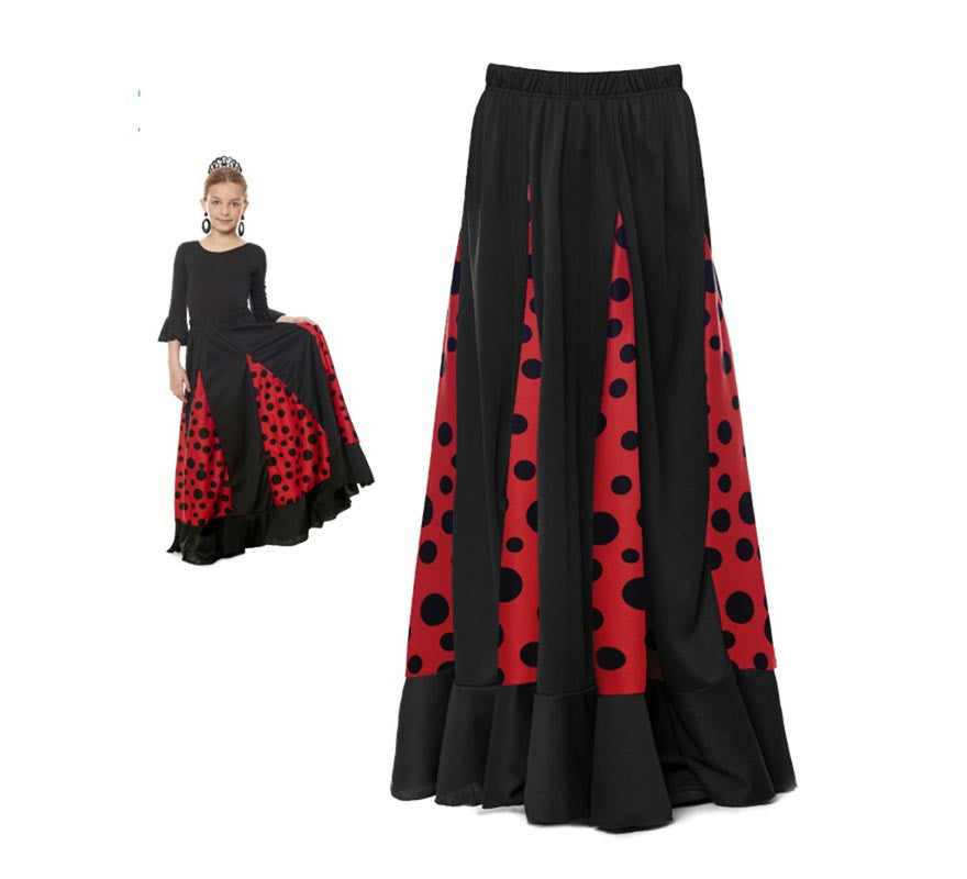 Translation missing: de.Falda Sevillana de Quillas negro y rojo con Lunar negro para niña
