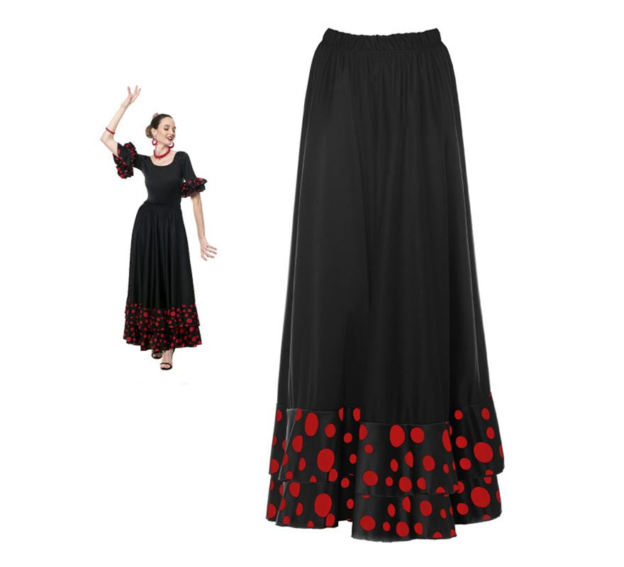 Translation missing: de.Falda Sevillana doble Volante con Lunar negro y rojo para mujer