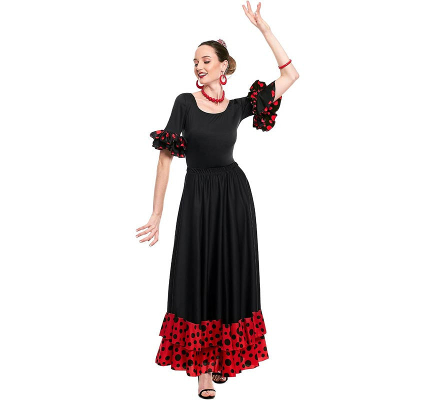 Translation missing: de.Falda Sevillana doble Volante con Lunar rojo y negro para mujer