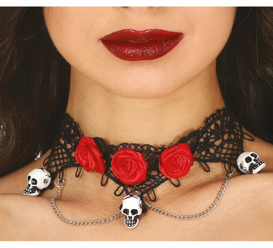 Translation missing: de.Gargantilla con Calaveras y Rosas Rojas