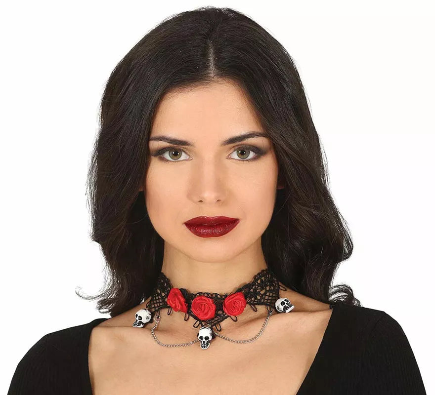 Translation missing: de.Gargantilla con Calaveras y Rosas Rojas