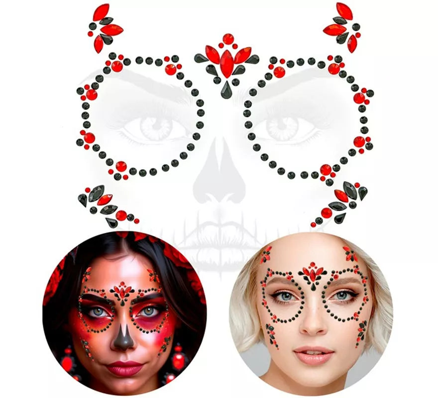 Translation missing: de.Gemas Faciales Adhesivas de Día de Los Muertos rojo y negro