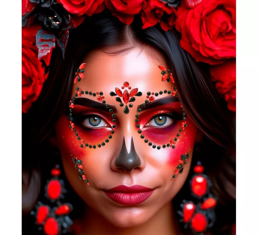 Gemas Faciales Adhesivas de Día de Los Muertos rojo y negro