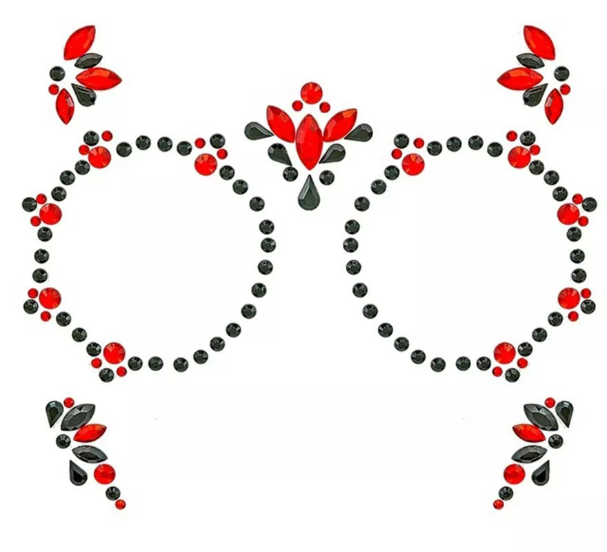 Gemas Faciales Adhesivas de Día de Los Muertos rojo y negro