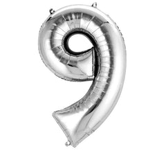 Silber metallic Ballon Nummer 9 von 55x86 cm