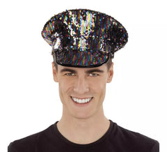 Schwarze Polizeimütze mit Regenbogen-Pailletten