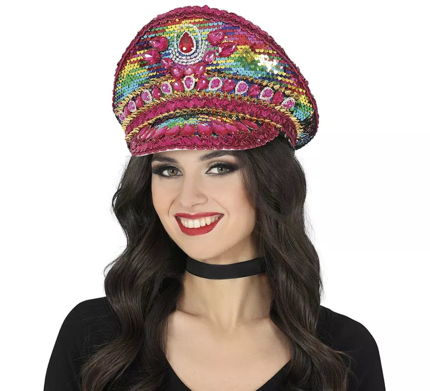 Gorra de Policía rosa con Pedrería multicolor adultos