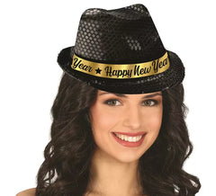 Schwarzer Gangsterhut mit Pailletten „Happy New Year“