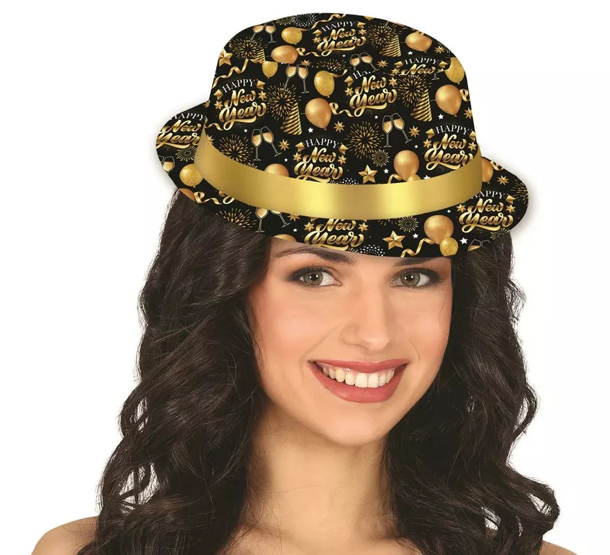 Translation missing: de.Gorro Gánster Happy New Year negro y dorado