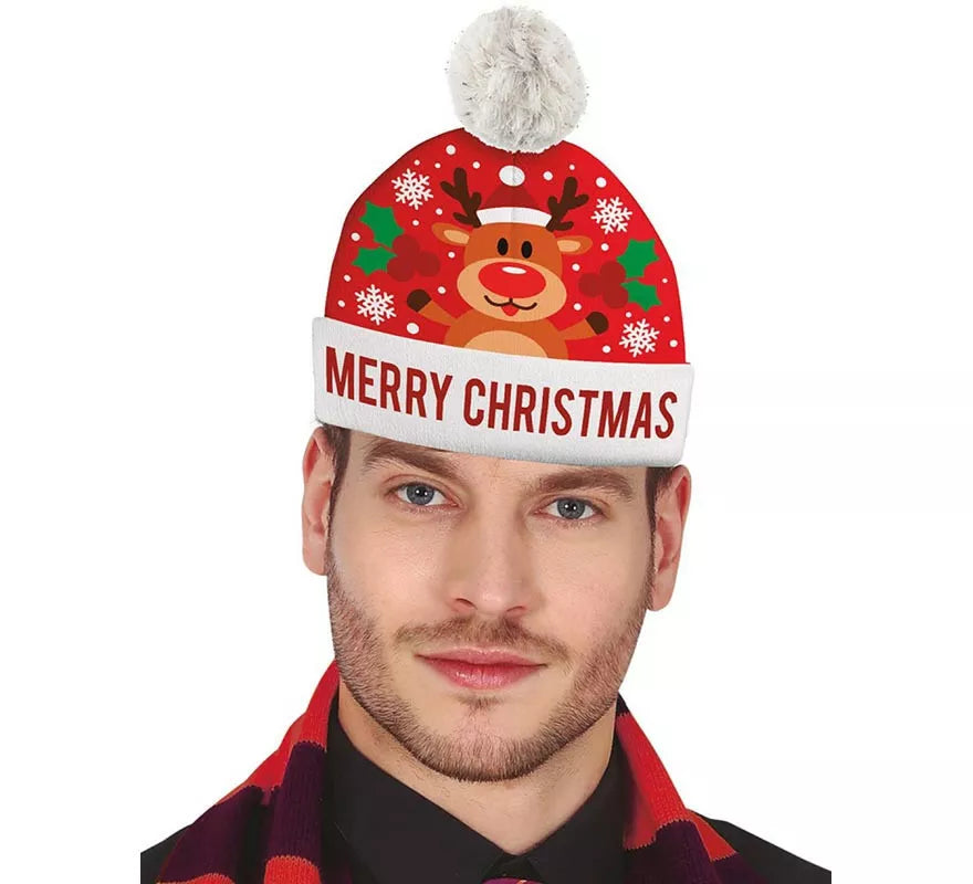 Gorro Navideño Reno Merry Christmas con efecto lana