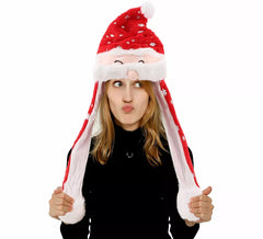 Weihnachtsmannmütze mit Schneeflocken und beweglichen Ohren mit Lichteffekten