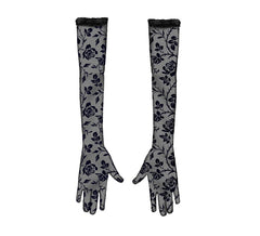 Schwarze Handschuhe mit Blumenmuster, 38 cm