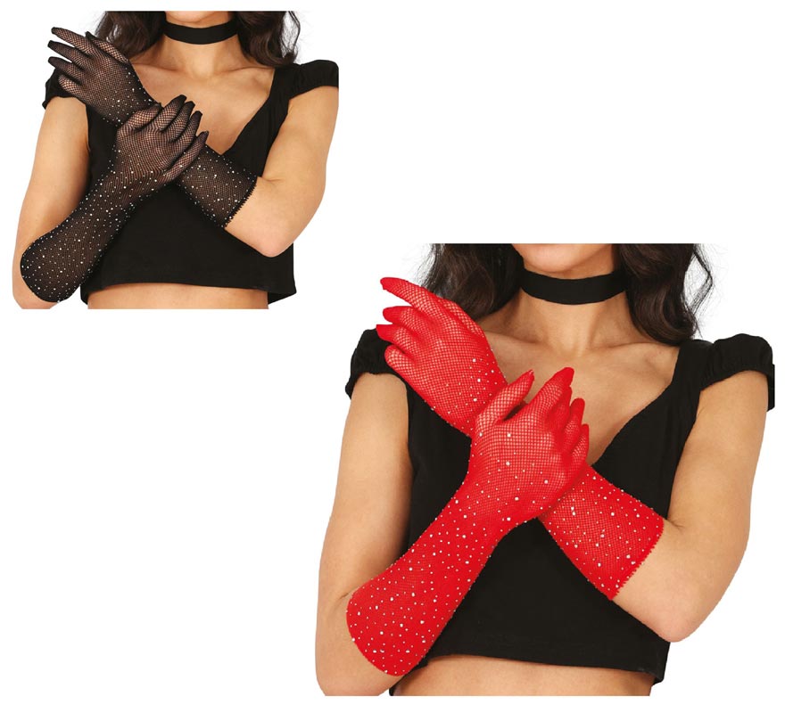 Guantes de Malla con pedrería en varios colores de 30 cm adulto