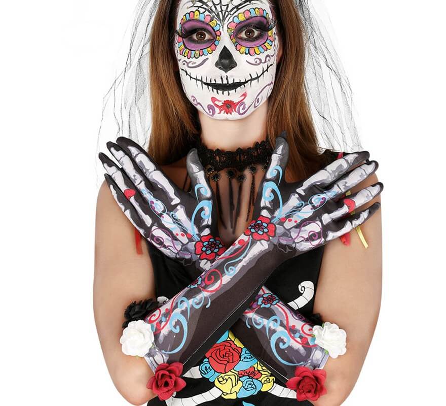 Translation missing: de.Guantes Esqueleto con Flores 40 Cm