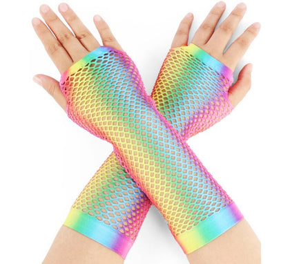 Guantes sin dedos de redecilla largos Arcoíris degradado
