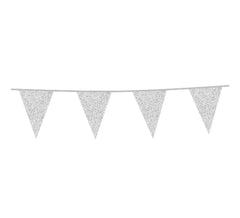 Girlande 6 m aus silbernen Glitzerwimpel 16x20 cm