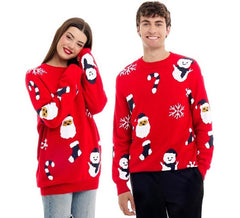 Weihnachtspullover mit Weihnachtsmann und Schneemann im Allover-Print für Erwachsene