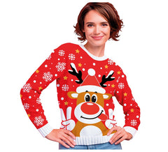Roter Weihnachtspullover mit fröhlichem Rentier für Damen