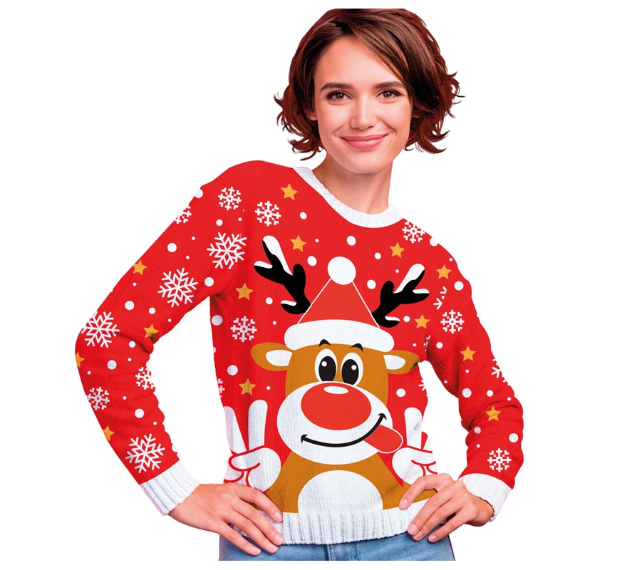 Translation missing: de.Jersey Navidad Reno Feliz rojo para mujer