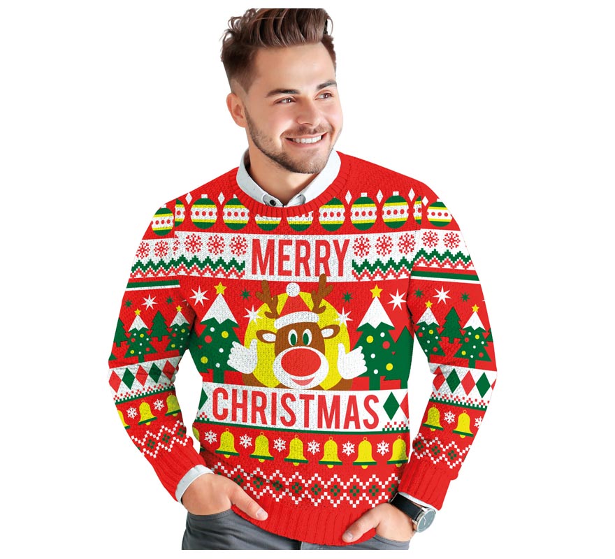 Translation missing: de.Jersey Navidad Reno Merry Christmas rojo para hombre