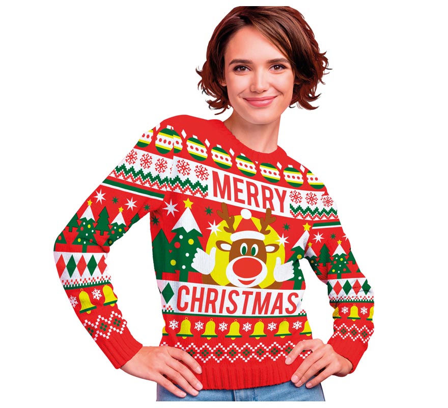 Translation missing: de.Jersey Navidad Reno Merry Christmas rojo para mujer
