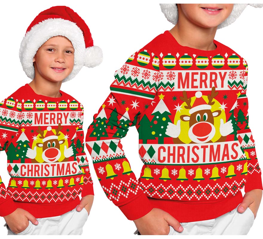 Jersey Navidad Reno Merry Christmas rojo para niños