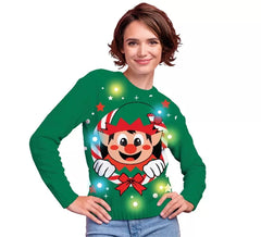 Elfen-Weihnachtspullover mit 12 LED-Lichtern für Damen