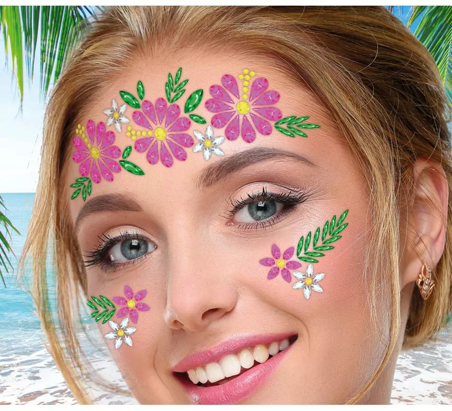 Joyas Faciales Flores rosa y verde