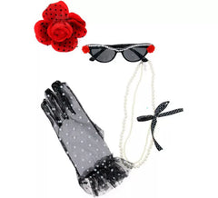 50er Jahre Kit: Spitzenhandschuhe, Brille, Halskette und Haarblume