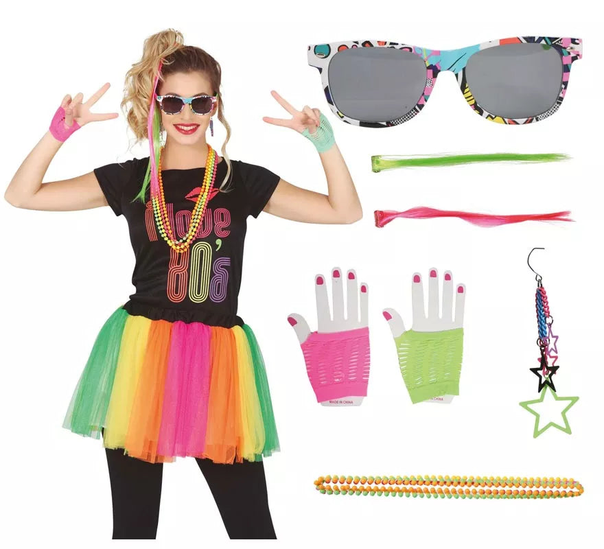 Translation missing: de.Kit Años 80: 2 Extensiones, Gafas, 2 Pendientes, 4 Collares y 2 Guantes