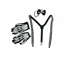 Totenkopf-Set: Hosenträger, Fliege und Handschuhe