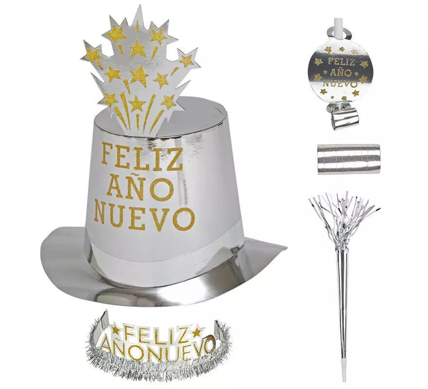 Translation missing: de.Kit Cotillón Feliz Año Nuevo Plateado para 10 personas
