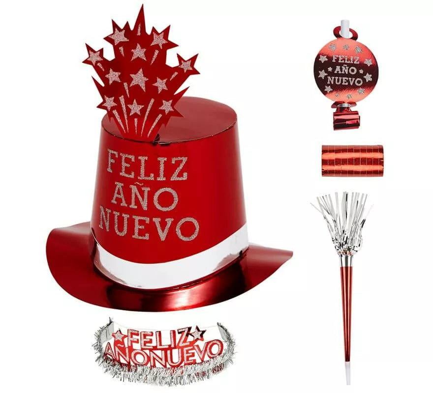 Translation missing: de.Kit Cotillón Feliz Año Nuevo Rojo para 10 personas