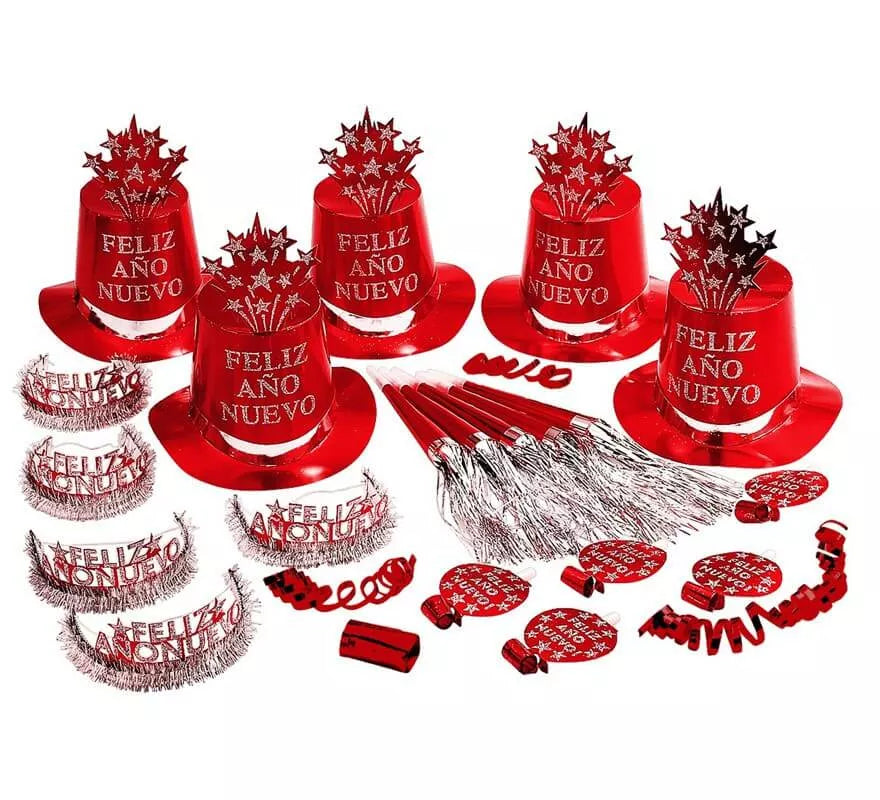 Translation missing: de.Kit Cotillón Feliz Año Nuevo Rojo para 10 personas